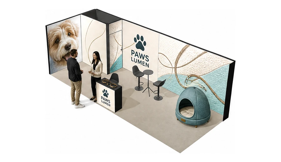 Stoisko 8 × 3 m narożne lewe dla branży akcesoria dla zwierząt, przykładowa marka Paws Lumen