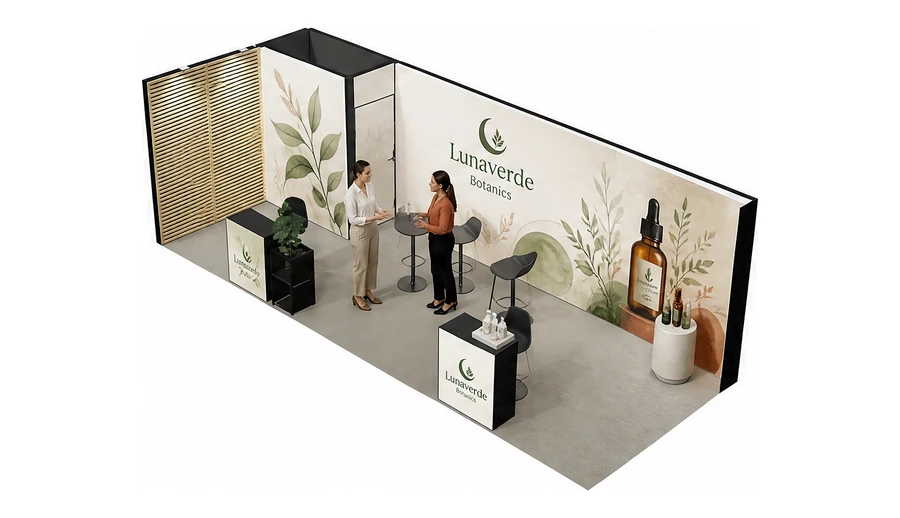 Stoisko 8 × 3 m narożne lewe dla branży kosmetyki naturalne, przykładowa marka Lunaverde Botanics