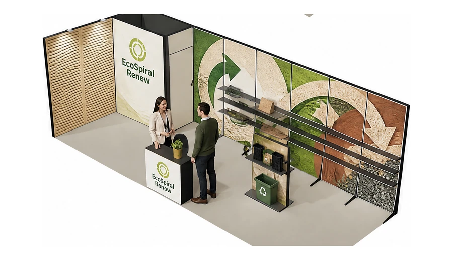 Stoisko 8 × 3 m narożne lewe dla branży recykling i ochrona środowiska, przykładowa marka EcoSpiral Renew