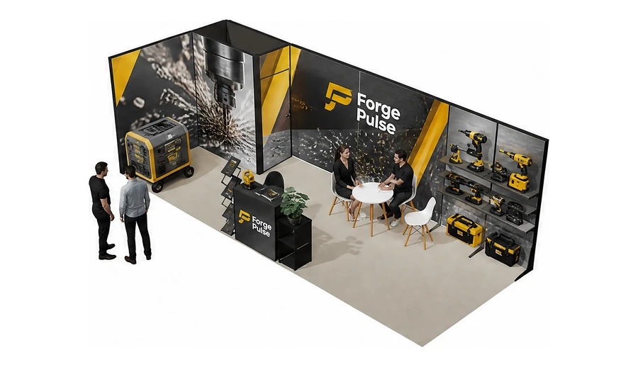 Stoisko 8 × 3 m narożne lewe dla branży elektronarzędzia, przykładowa marka Forge Pulse