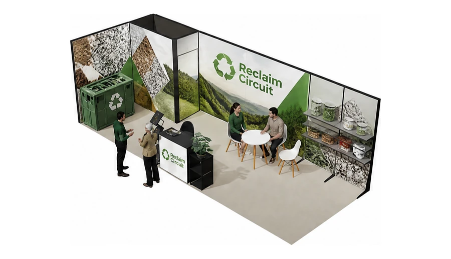 Stoisko 8 × 3 m narożne lewe dla branży recykling i ochrona środowiska, przykładowa marka Reclaim Circuit