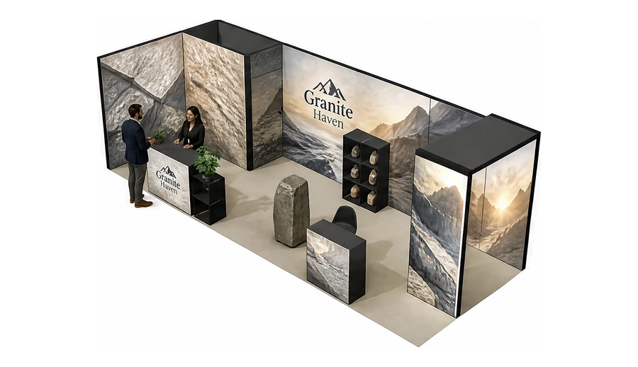 Stoisko 8 × 3 m narożne lewe dla branży kamień i kamieniarstwo, przykładowa marka Granite Haven