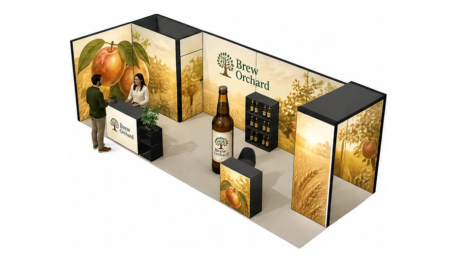 Stoisko 8 × 3 m narożne lewe dla branży napoje, przykładowa marka Brew Orchard