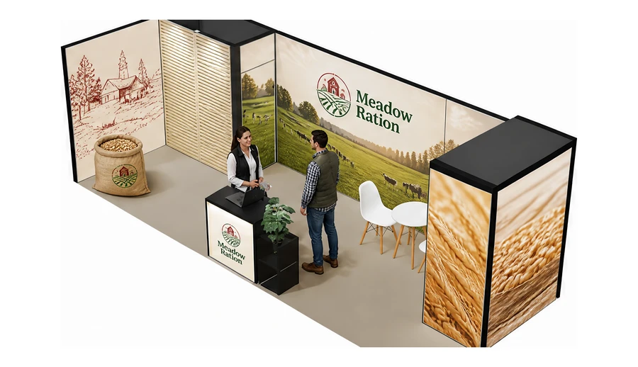 Stoisko 8 × 3 m narożne lewe dla branży hodowla i pasze, przykładowa marka Meadow Ration
