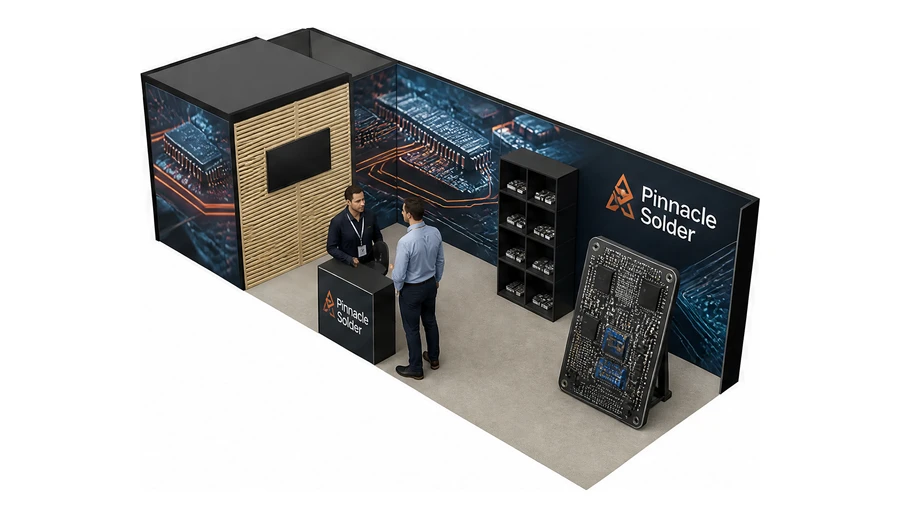 Stoisko 8 × 3 m narożne lewe dla branży komponenty elektroniczne, przykładowa marka Pinnacle Solder