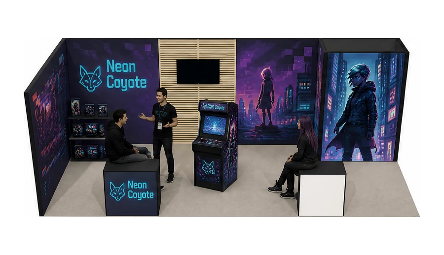 Stoisko 8 × 3 m narożne lewe dla branży gry wideo, przykładowa marka Neon Coyote
