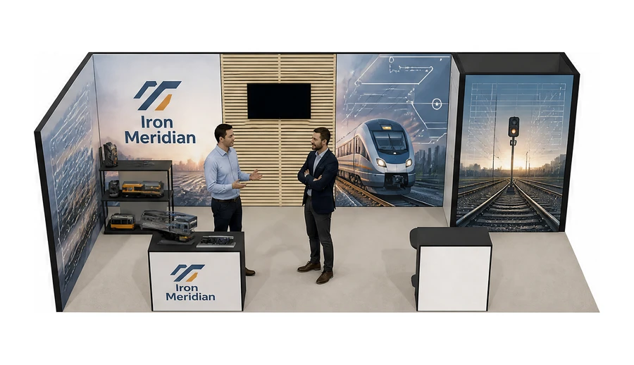 Stoisko 8 × 3 m narożne lewe dla branży kolej i tabor, przykładowa marka Iron Meridian