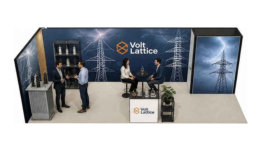 Stoisko 8 × 3 m narożne lewe dla branży energetyka i sieci, przykładowa marka Volt Lattice