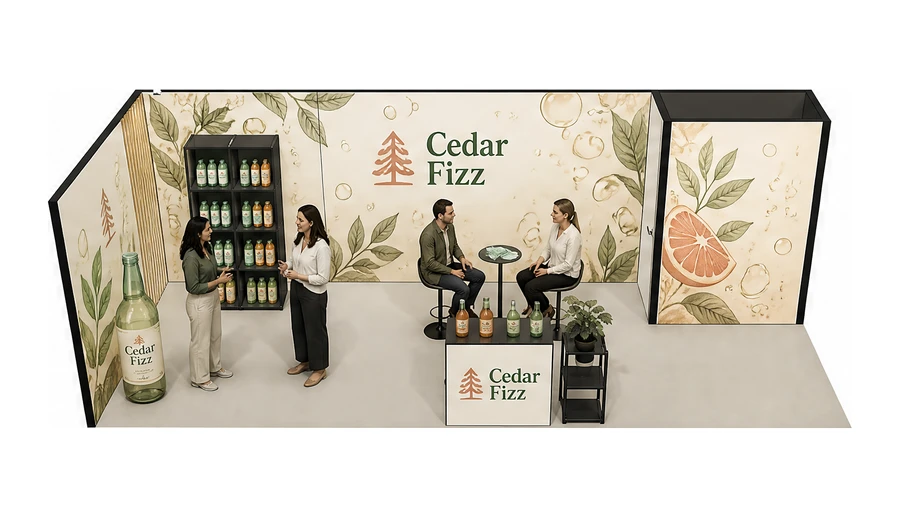 Stoisko 8 × 3 m narożne lewe dla branży napoje, przykładowa marka Cedar Fizz