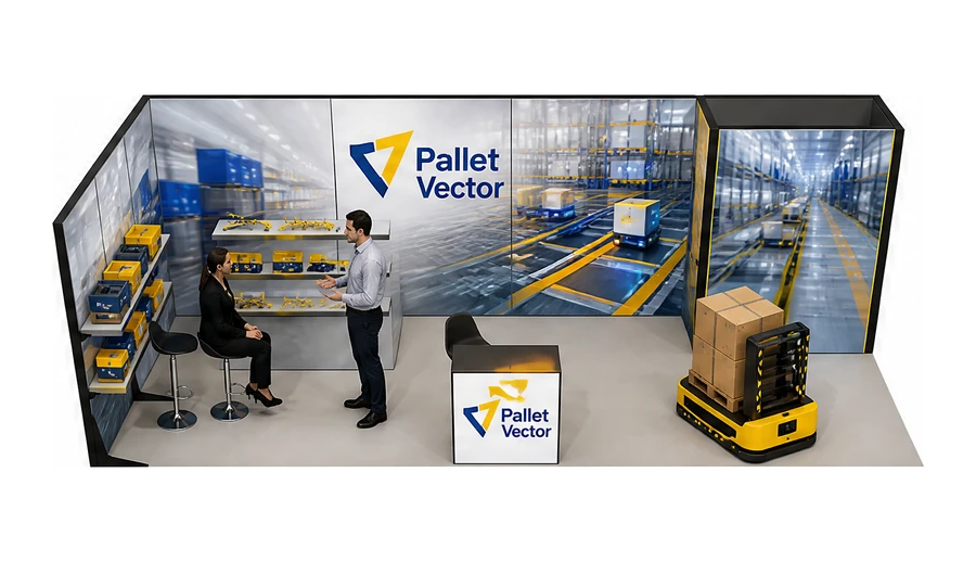 Stoisko 8 × 3 m narożne lewe dla branży intralogistyka i magazyn, przykładowa marka Pallet Vector