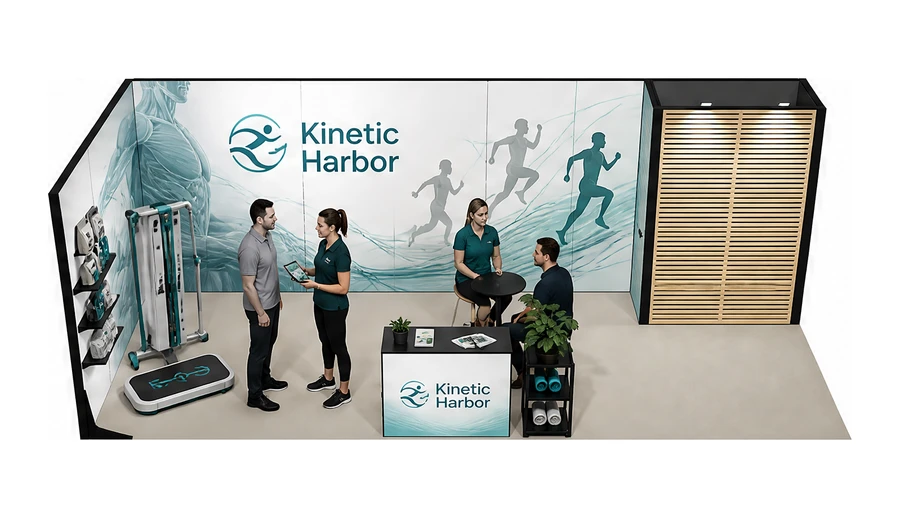 Stoisko 8 × 3 m narożne lewe dla branży rehabilitacja i fizjoterapia, przykładowa marka Kinetic Harbor