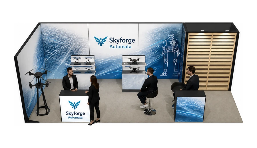 Stoisko 8 × 3 m narożne lewe dla branży drony i robotyka, przykładowa marka Skyforge Automata