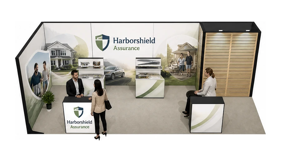 Stoisko 8 × 3 m narożne lewe dla branży ubezpieczenia, przykładowa marka Harborshield Assurance