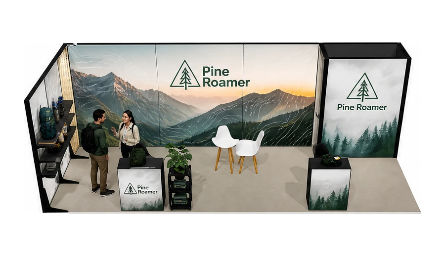 Stoisko 8 × 3 m narożne lewe dla branży odzież i sprzęt outdoorowy, przykładowa marka Pine Roamer