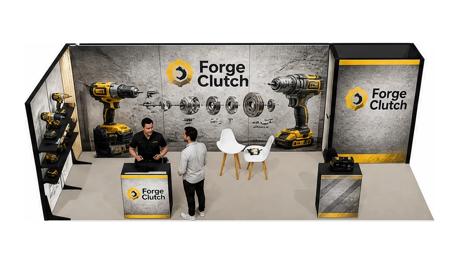 Stoisko 8 × 3 m narożne lewe dla branży elektronarzędzia, przykładowa marka Forge Clutch
