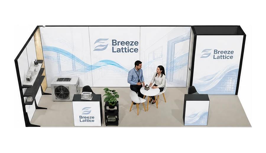 Stoisko 8 × 3 m narożne lewe dla branży wentylacja i klimatyzacja, przykładowa marka Breeze Lattice