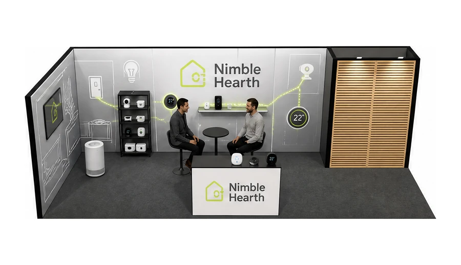 Stoisko 8 × 3 m narożne lewe dla branży smart home i IoT, przykładowa marka Nimble Hearth