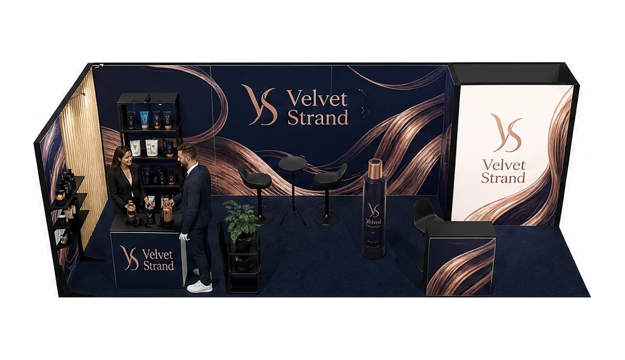 Stoisko 8 × 3 m narożne lewe dla branży fryzjerstwo i salony beauty, przykładowa marka Velvet Strand
