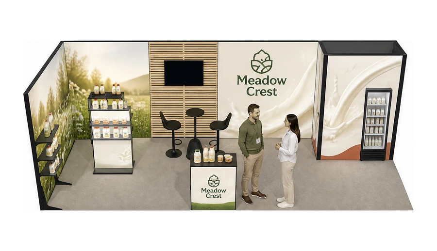 Stoisko 8 × 3 m narożne lewe dla branży nabiał i mleczarstwo, przykładowa marka Meadow Crest
