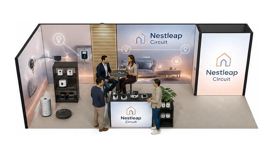 Stoisko 8 × 3 m narożne lewe dla branży smart home i IoT, przykładowa marka Nestleap Circuit