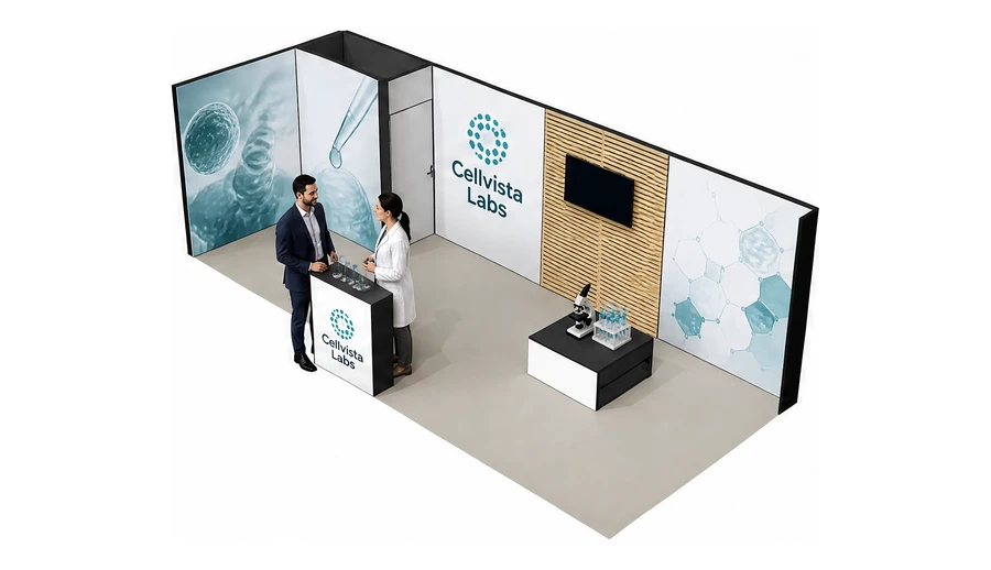 Stoisko 8 × 3 m narożne lewe dla branży farmacja i biotechnologia, przykładowa marka Cellvista Labs