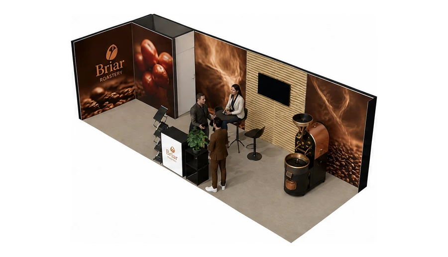 Stoisko 8 × 3 m narożne lewe dla branży palarnia kawy, przykładowa marka Briar Roastery