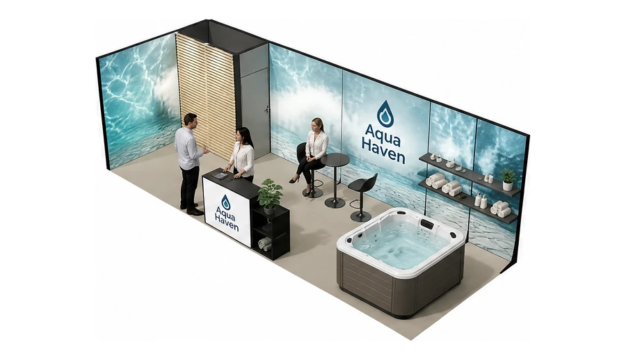 Stoisko 8 × 3 m narożne lewe dla branży baseny i sauny, przykładowa marka Aqua Haven