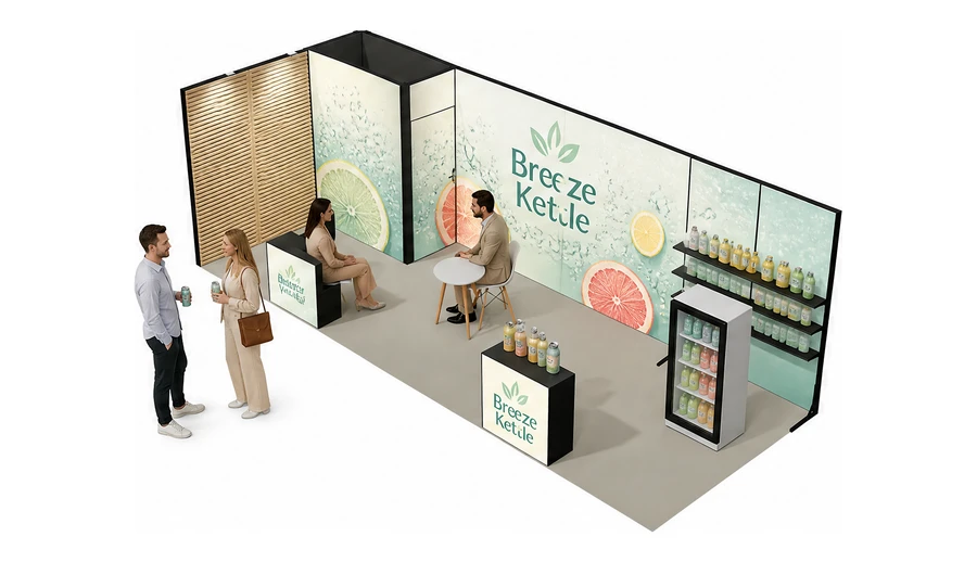 Stoisko 8 × 3 m narożne lewe dla branży napoje, przykładowa marka Breeze Kettle