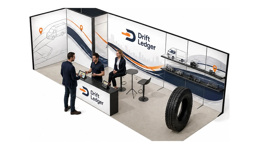 Stoisko 8 × 3 m narożne lewe dla branży flota i leasing aut, przykładowa marka Drift Ledger