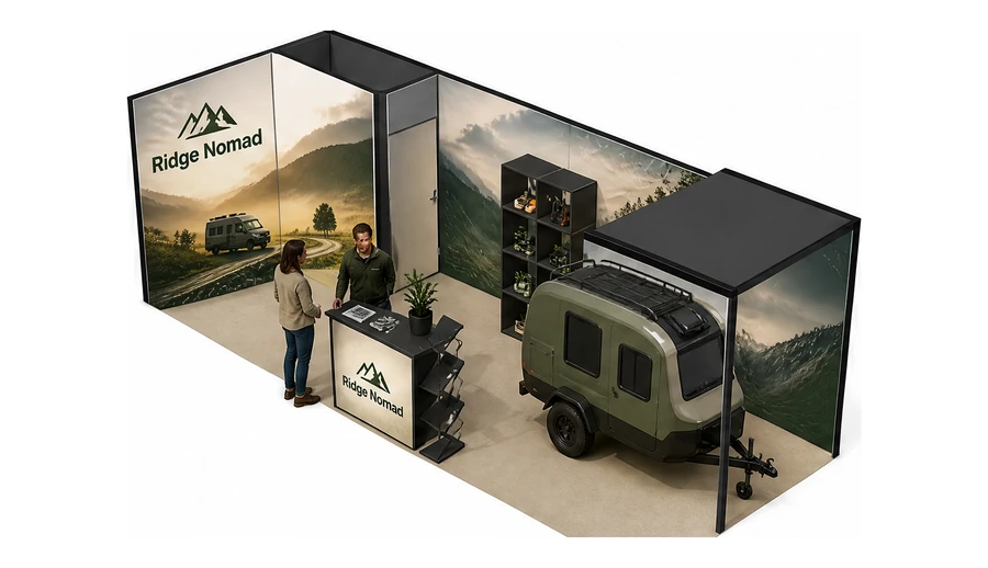 Stoisko 8 × 3 m narożne lewe dla branży caravaning i kampery, przykładowa marka Ridge Nomad