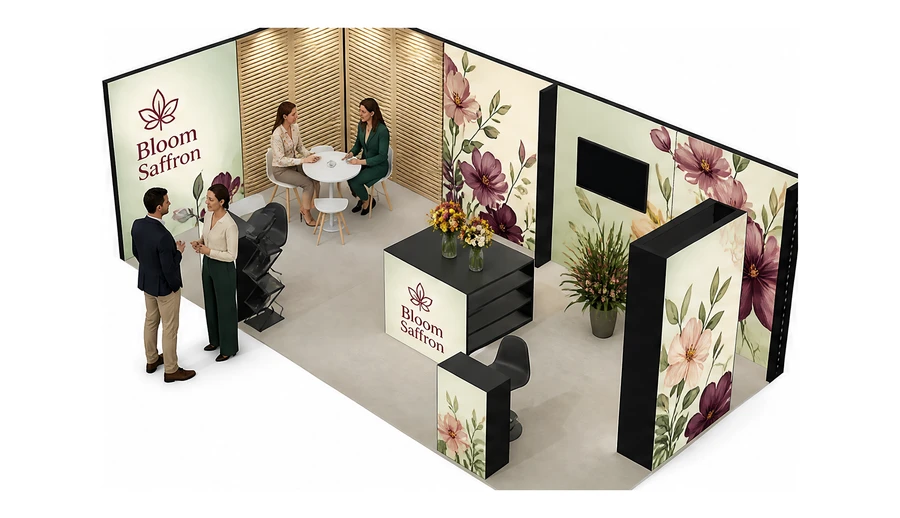 Stoisko 8 × 4 m narożne lewe dla branży rośliny i kwiaciarstwo, przykładowa marka Bloom Saffron