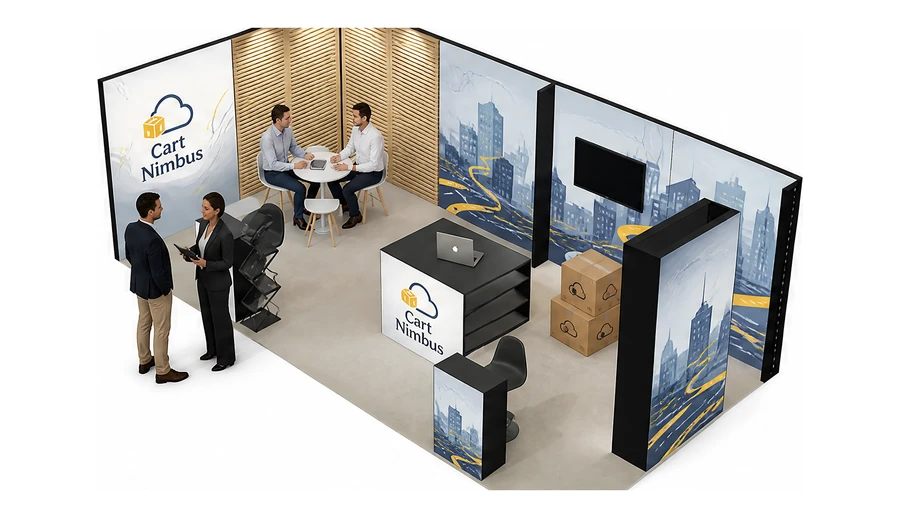 Stoisko 8 × 4 m narożne lewe dla branży e-commerce, przykładowa marka Cart Nimbus