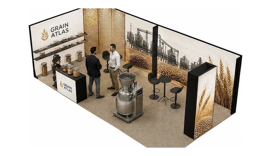 Stoisko 8 × 4 m narożne lewe dla branży technologie spożywcze, przykładowa marka Grain Atlas