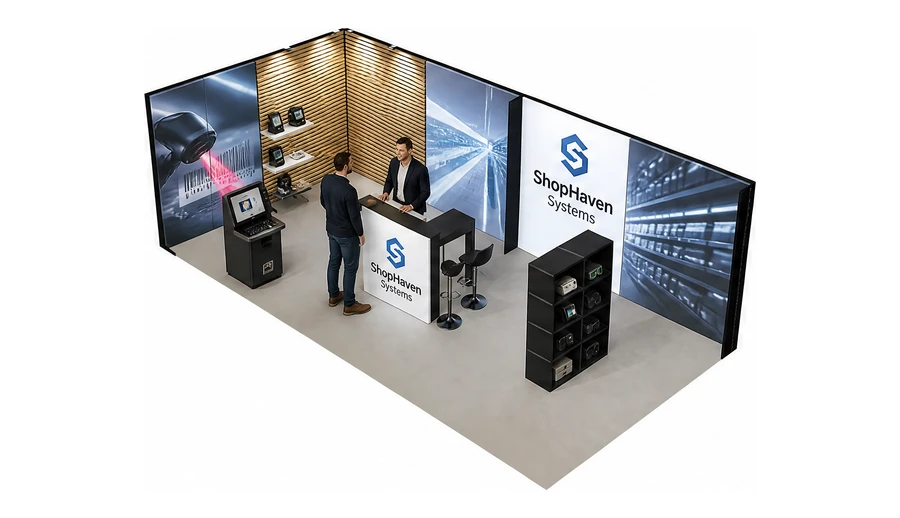 Stoisko 8 × 4 m narożne lewe dla branży technologie dla handlu, przykładowa marka ShopHaven Systems