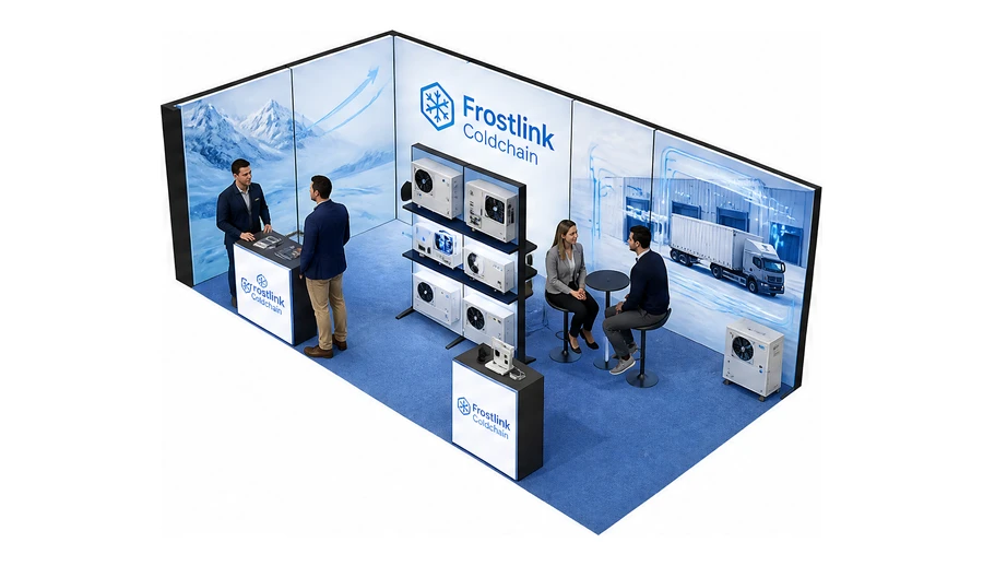 Stoisko 8 × 4 m narożne lewe dla branży łańcuch chłodniczy, przykładowa marka Frostlink Coldchain