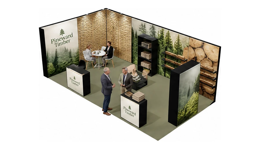 Stoisko 8 × 4 m narożne lewe dla branży leśnictwo i przemysł drzewny, przykładowa marka Pineward Timber