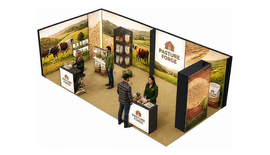 Stoisko 8 × 4 m narożne lewe dla branży hodowla i pasze, przykładowa marka Pasture Forge