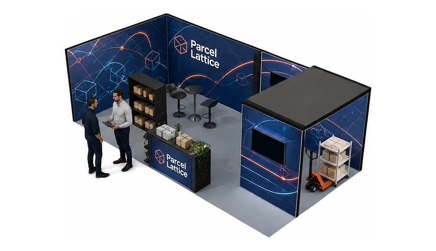 Stoisko 8 × 4 m narożne lewe dla branży e-commerce, przykładowa marka Parcel Lattice