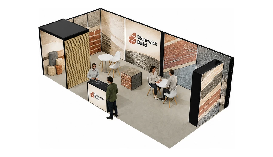 Stoisko 8 × 4 m narożne lewe dla branży materiały budowlane, przykładowa marka Stonewick Build