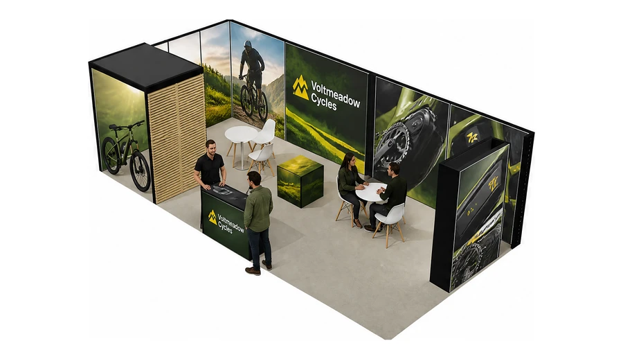 Stoisko 8 × 4 m narożne lewe dla branży rowery elektryczne, przykładowa marka Voltmeadow Cycles