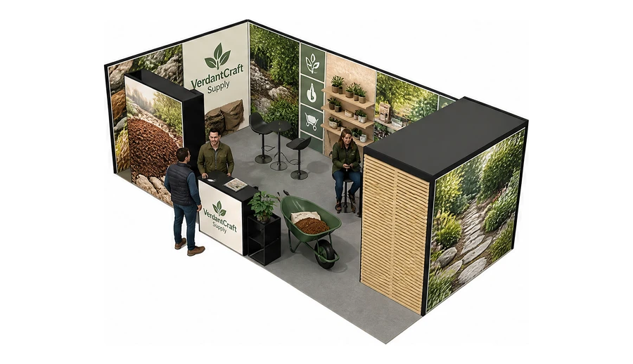 Stoisko 8 × 4 m narożne lewe dla branży ogród i architektura krajobrazu, przykładowa marka VerdantCraft Supply