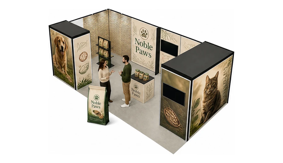 Stoisko 8 × 4 m narożne lewe dla branży karma dla zwierząt, przykładowa marka Noble Paws