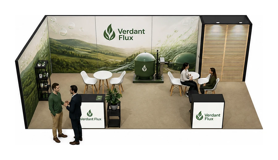 Stoisko 8 × 4 m narożne lewe dla branży biogaz i OZE, przykładowa marka Verdant Flux