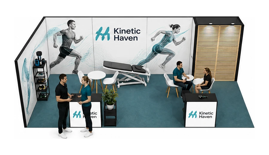 Stoisko 8 × 4 m narożne lewe dla branży rehabilitacja i fizjoterapia, przykładowa marka Kinetic Haven