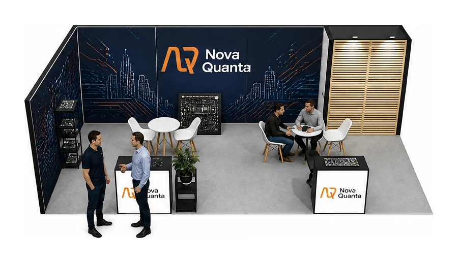 Stoisko 8 × 4 m narożne lewe dla branży komponenty elektroniczne, przykładowa marka Nova Quanta