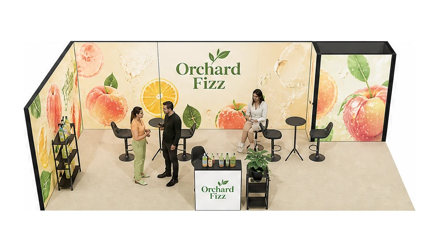 Stoisko 8 × 4 m narożne lewe dla branży napoje, przykładowa marka Orchard Fizz