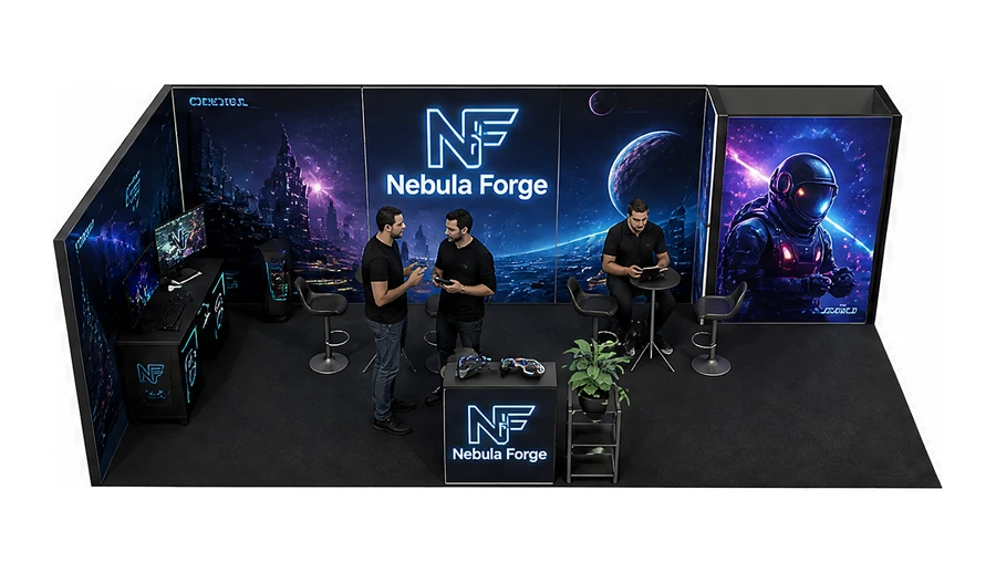 Stoisko 8 × 4 m narożne lewe dla branży gry wideo, przykładowa marka Nebula Forge