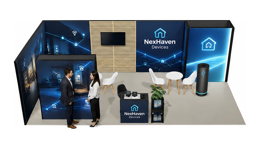 Stoisko 8 × 4 m narożne lewe dla branży smart home i IoT, przykładowa marka NexHaven Devices