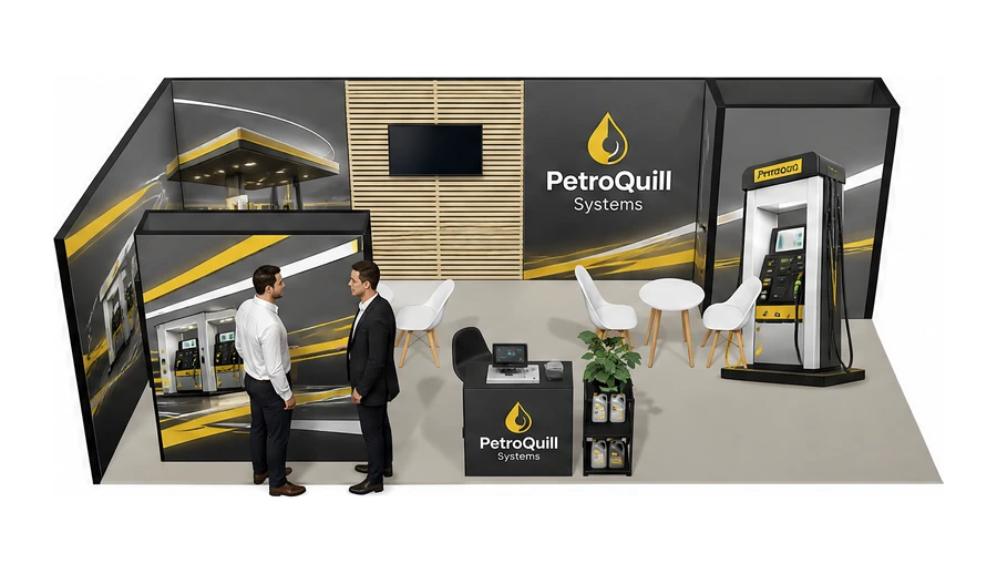 Stoisko 8 × 4 m narożne lewe dla branży stacje paliw, przykładowa marka PetroQuill Systems