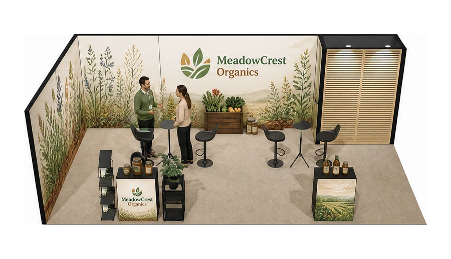 Stoisko 8 × 4 m narożne lewe dla branży żywność ekologiczna, przykładowa marka MeadowCrest Organics